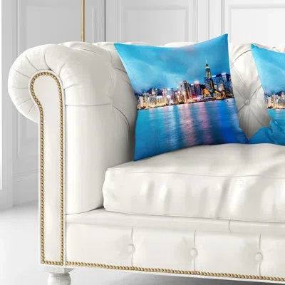 Design Art Colorful Hong Kong At Night - Cityscape Printed Pillow In Blue;black;brown;green;red;yellow