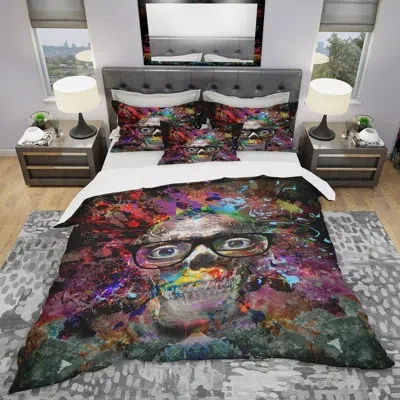 Design Art Colorful Human Skull With Glasses - Abstract Duvet Cover Set - Microfiber Polyester In Brown