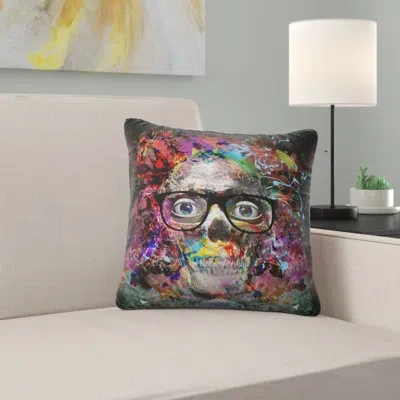 Design Art Colorful Human Skull With Glasses - Abstract Printed Pillow In Brown