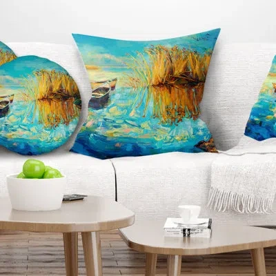 Design Art Colorful Lake With Boats - Sea & Shore Printed Pillow In Yellow