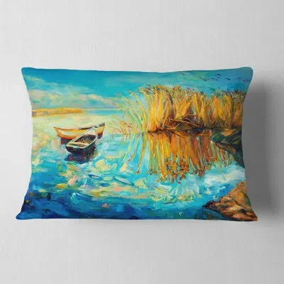 Design Art Colorful Lake With Boats - Sea & Shore Printed Throw Pillow