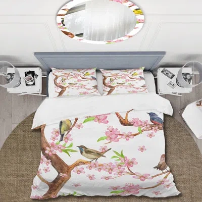 Design Art Colorful Little Birds On Spring Flow - Traditional Duvet Cover Set - Microfiber Polyester In Pink,brown,green