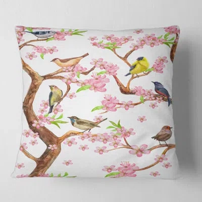 Design Art Colorful Little Birds On Spring Flow - Traditional Printed Throw Pillow In Pink