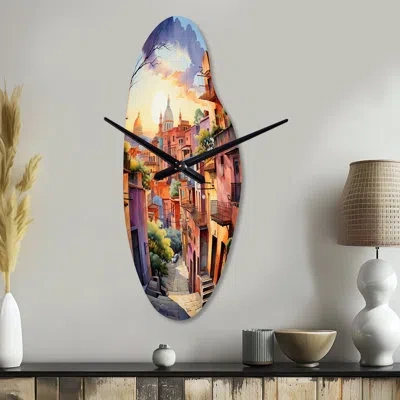 Design Art Colorful Mexico Magical Oaxaca Surrealism I - Mexico Curved Metal Wall Clock, Traditional Asymmetric In Multi-color