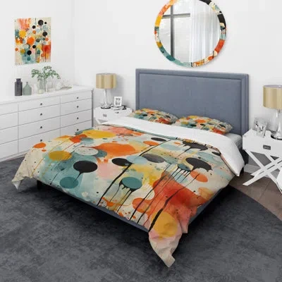 Design Art Colorful Mid Century Atomic Abstraction I - Abstract Duvet Cover Set - Microfiber Polyester In Black;red;yellow