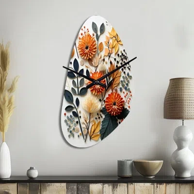 Design Art Colorful Mid Century Midcentury Botanicals Ii - Midcentury Modern Asymmetrical Metal Wall Clock, Mod In Multi-color