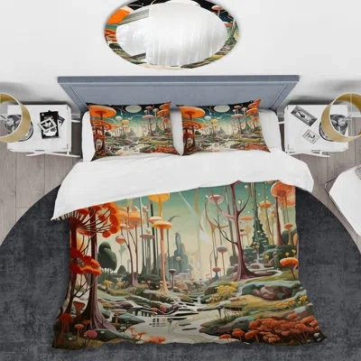 Design Art Colorful Mid Century Midcentury Mushroom Dreams I - Abstract Duvet Cover Set - Microfiber Polyester In Brown;green;orange