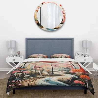 Design Art Colorful Mid Century Midcentury Mushroom Dreams Ii - Abstract Duvet Cover Set - Microfiber Polyester In Black;red