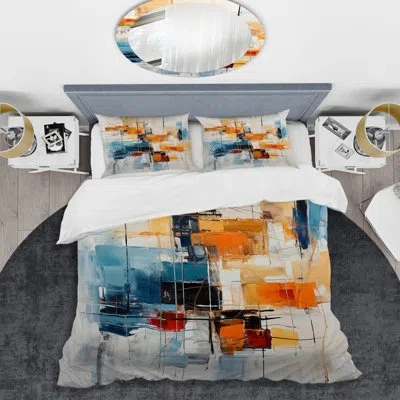 Design Art Colorful Mid Century Retro Reflections Iii - Abstract Duvet Cover Set - Microfiber Polyester In Blue;white;orange