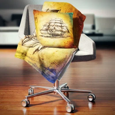 Design Art Colorful Old Moving Boat Drawing - Sea & Shore Printed Pillow In Blue;black;brown;green;red;yellow