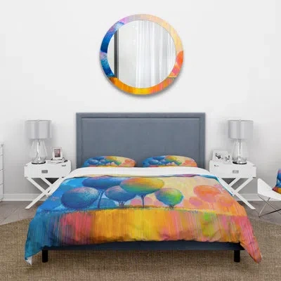 Design Art Colorful Ornamental Trees Vii - Modern Duvet Cover Set - Microfiber Polyester In Green;yellow