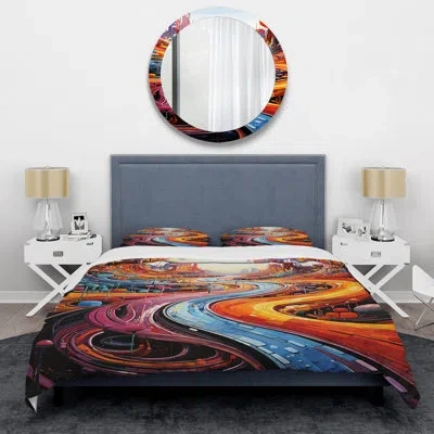 Design Art Colorful Race Tracks Of Surrealism Land 1 - Race Tracks Duvet Cover Set In Blue;red