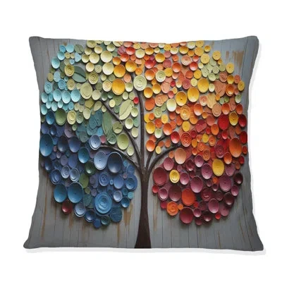 Design Art Colorful Rainbow Tree Of 4 Seasons - Trees Printed Throw Pillow In Blue;black;brown;green;red;yellow
