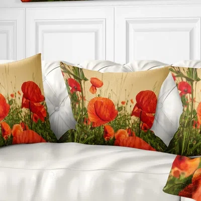Design Art Colorful Red Poppy Flower Field - Floral Printed Pillow