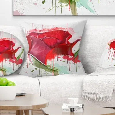 Design Art Colorful Red Rose Sketch Watercolor - Floral Printed Pillow