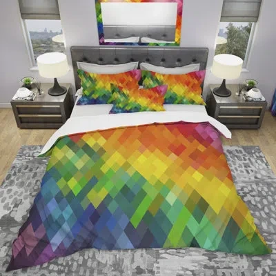 Design Art Colorful Rhombus Pattern - Modern Contemporary Geometric Duvet Cover Set - Microfiber Polyester In Red