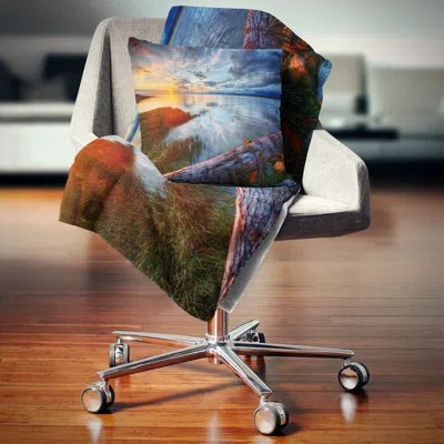 Design Art Colorful River Sunset With Log - Sea & Shore Printed Pillow In Blue