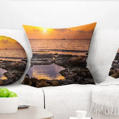 Design Art Colorful Rocky Coast At Sunset - Sea & Shore Printed Throw Pillow In Orange