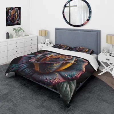 Design Art Colorful Rose I - Traditional Floral Duvet Cover Set - Microfiber Polyester In Purple;gold