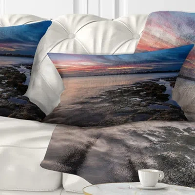 Design Art Colorful Sky And Dark Rocky Sydney Coast - Sea & Shore Printed Pillow In Blue