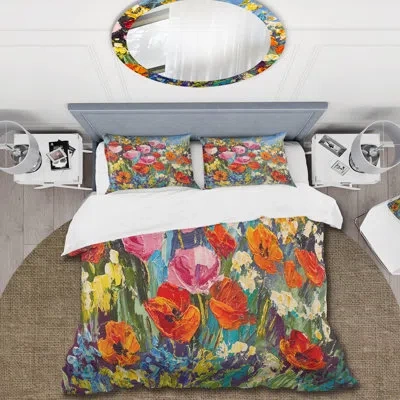 Design Art Colorful Spring Wildflowers - Traditional Duvet Cover Set - Microfiber Polyester In Pink,black