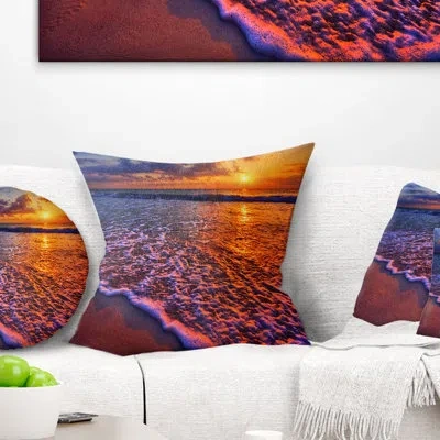 Design Art Colorful Sunset And Wavy Waters - Sea & Shore Printed Pillow In Orange