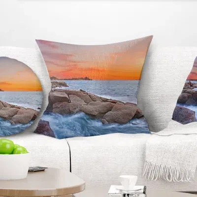 Design Art Colorful Sunset At Rocky Seaside - Sea & Shore Printed Pillow In Blue;black;brown;green;red;yellow