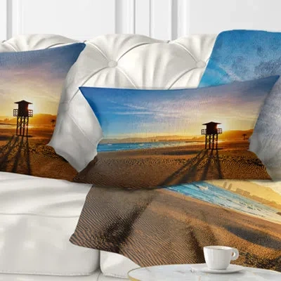 Design Art Colorful Sunset In Valencia - Sea & Shore Printed Throw Pillow In Gold