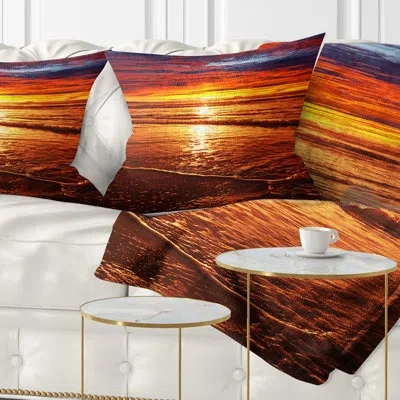 Design Art Colorful Sunset Mirrored In Waters - Sea & Shore Printed Pillow In Red