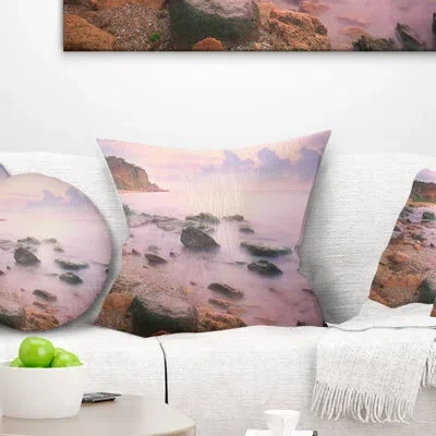 Design Art Colorful Sunset Over The Sea - Sea & Shore Printed Throw Pillow In Red