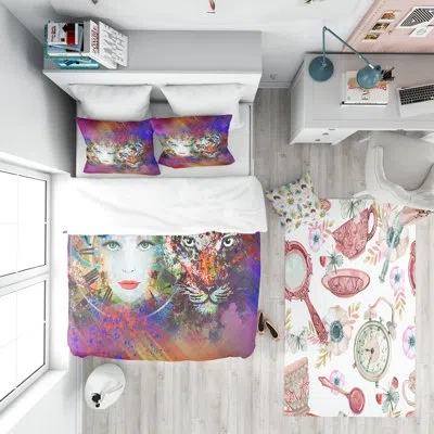 Design Art Colorful Tiger And Woman Face - Abstract Duvet Cover Set - Microfiber Polyester In Purple