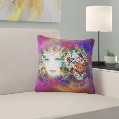 Design Art Colorful Tiger And Woman Face - Abstract Printed Pillow In Blue;purple