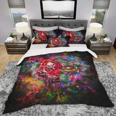 Design Art Colorful Tiger Head With Half Skull - Abstract Duvet Cover Set - Microfiber Polyester In Red