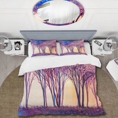Design Art Colorful Trees Abstract Forest Landscape - Modern Duvet Cover Set - Microfiber Polyester In Purple