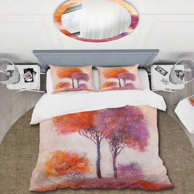 Design Art Colorful Trees Impression I - Traditional Duvet Cover Set - Microfiber Polyester In Beige;orange