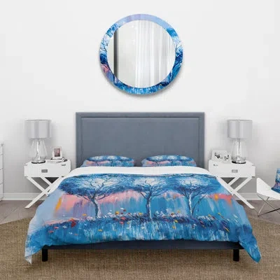 Design Art Colorful Trees Impressionist Landscape Iii - Modern Duvet Cover Set - Microfiber Polyester In Blue;pink