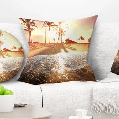 Design Art Colorful Tropical Beach With Palms - Sea & Shore Printed Throw Pillow In Multi-color