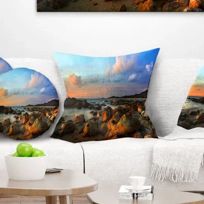 Design Art Colorful Tropical Sunset - Landscape Printed Pillow In Brown;orange