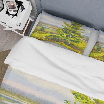 Design Art Colorful Young Orange Betula On Bank Of Calm Bay - Country Duvet Cover Set - Microfiber Polyester In Green,yellow