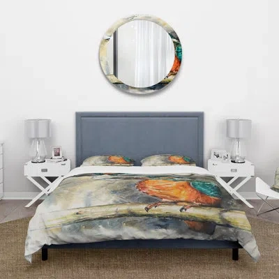 Design Art Common Kingfisher Eating A Small Fish - Traditional Duvet Cover Set - Microfiber Polyester In Orange,teal,brown