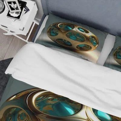 Design Art Confronting Infinity 3d Turquoise Gold Sphere Ii - Abstract Duvet Cover Set - Microfiber Polyester In Gold;turquoise