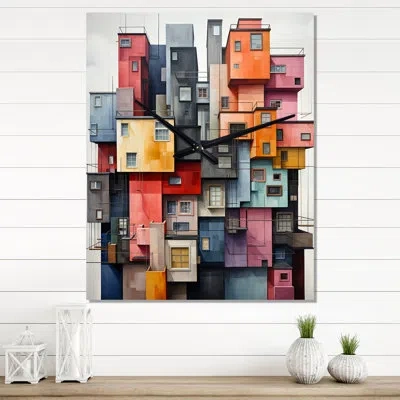 Design Art Constructivism Constructed Horizons Xii - Abstract Wall Clock Oversized In Orange;teal