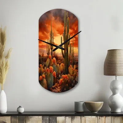 Design Art Copper Cactus In Nevada - Cactus Asymmetrical Metal Wall Clock, Traditional Cylinder Wall Clock Prin In Pink