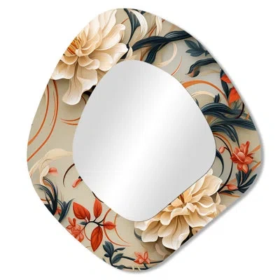 Design Art Coral And Beige Floral Essence Of Tranquility - Floral Unique Shape Decorative Mirror, Cottage Asymm In Beige;coral