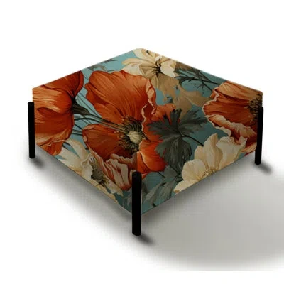 Design Art Coral And Beige Poppy Bliss Meadow - Floral Large Square Ottoman In Beige;orange
