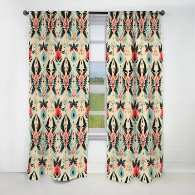 Design Art Coral And Black Vintage Ikat Nostalgia - Ikat Curtain - Blackout Ikat Curtain - 1 Panels In Black;orange
