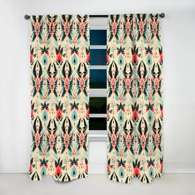 Design Art Coral And Black Vintage Ikat Nostalgia - Ikat Curtain - Velvet Room Darkening - 1 Panel In Black;cora