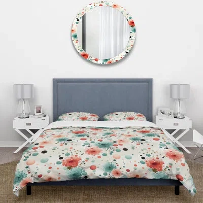 Design Art Coral And Blue Elegant Polka Dots Bliss I - Polka Dots Duvet Cover Set - Microfiber Polyester In Blue;coral