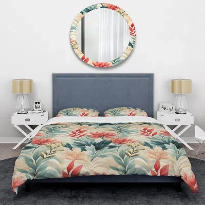 Design Art Coral & Blue Enchanted Gardens Chevron Pattern Duvet Cover Set In Green;red;beige
