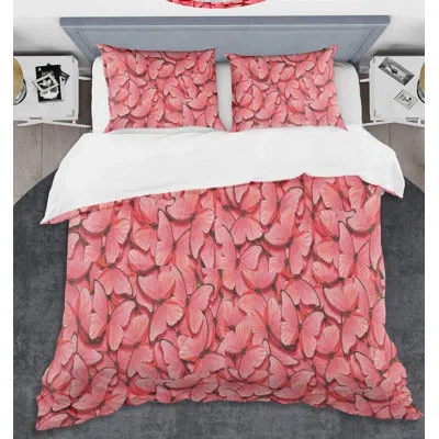 Design Art Coral Butterflies Mid-century Duvet Cover Set In Red